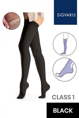 Sigvaris Essential Comfortable Unisex Class 1 Thigh High Black Compression Stockings with Grip Top and Open Toe